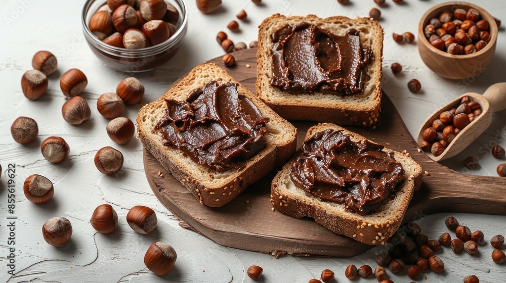 Hazelnut Spread Toast on Rustic Wooden Board