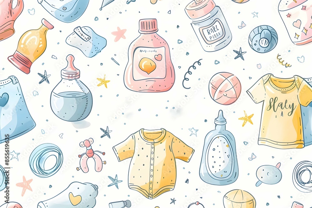 Baby shower elements, hand-drawn style with soft pastels, tiny rattles and baby bottles, charming onesies and pacifiers, repeating tile pattern, warm and inviting theme Baby shower elements, hand-drawn style with soft pastels, tiny rattles and baby bottles, charming onesies and pacifiers, repeating tile pattern, warm and inviting theme