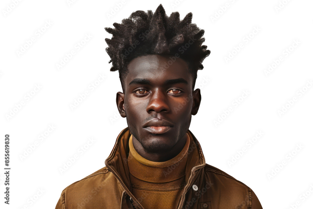 Portrait of a young man with a serious expression wearing a brown jacket, isolated on a white background. Portrait of a young man with a serious expression wearing a brown jacket, isolated on a white background.