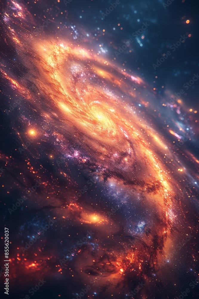 Obraz premium The majestic spiral galaxy in the cosmos, glowing in vibrant orange and blue nebulae, stars, and interstellar dust clouds.galaxy