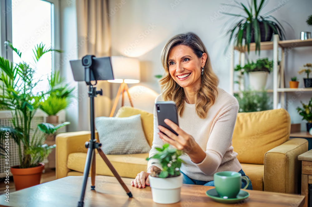 Smiling woman live streaming with a phone in a cozy home setting, surrounded by plants and comfortable furniture Smiling woman live streaming with a phone in a cozy home setting, surrounded by plants and comfortable furniture