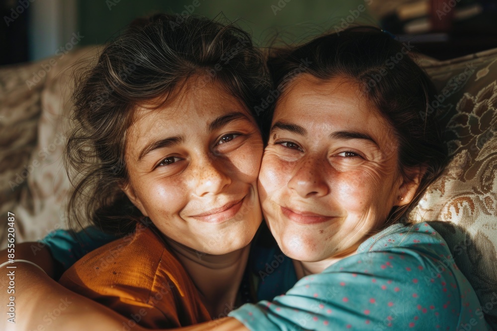 Two women embracing on a couch Two women embracing on a couch