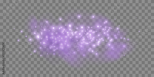 Purple glittering dots, particles, stars, magic sparks with smoke. Glow flare light effect. Purple luminous points in fog. Vector particles on transparent background.