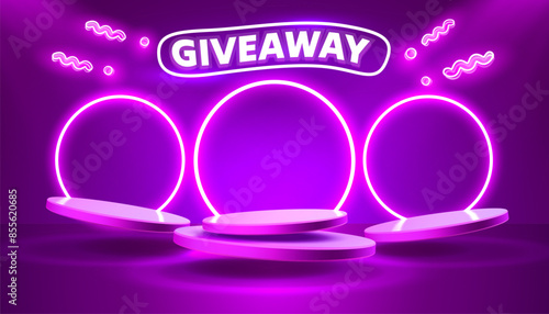 Giveaway neon podium, shop mega discount, special promo frame. Vector illustration