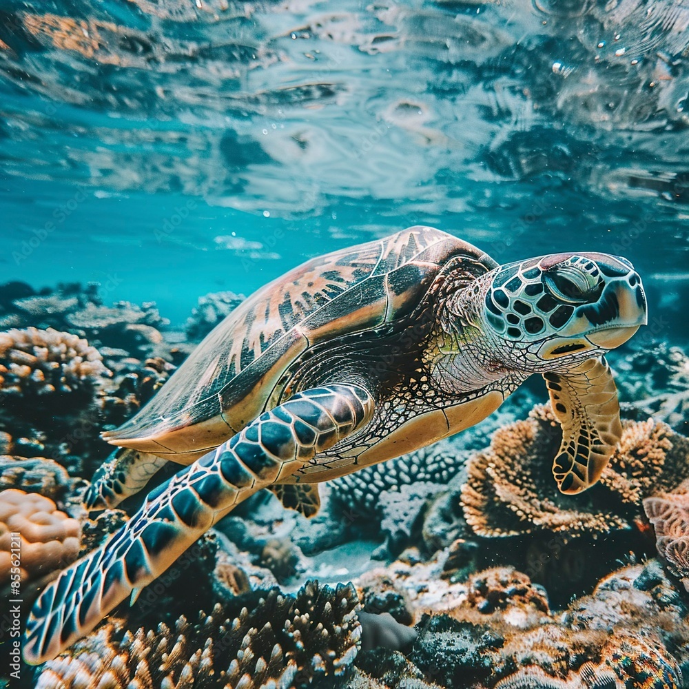 Fototapeta premium turtle swimming underwater photography style Made, turtle drawing