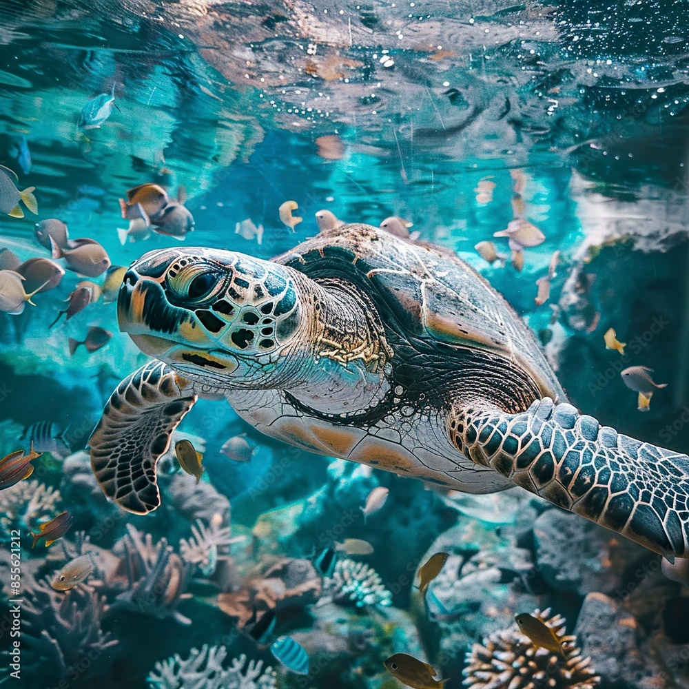 Obraz premium turtle swimming underwater photography style Made, turtle drawing