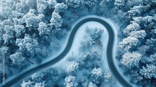 Aerial View of a Winding Road Through a Snowy Forest