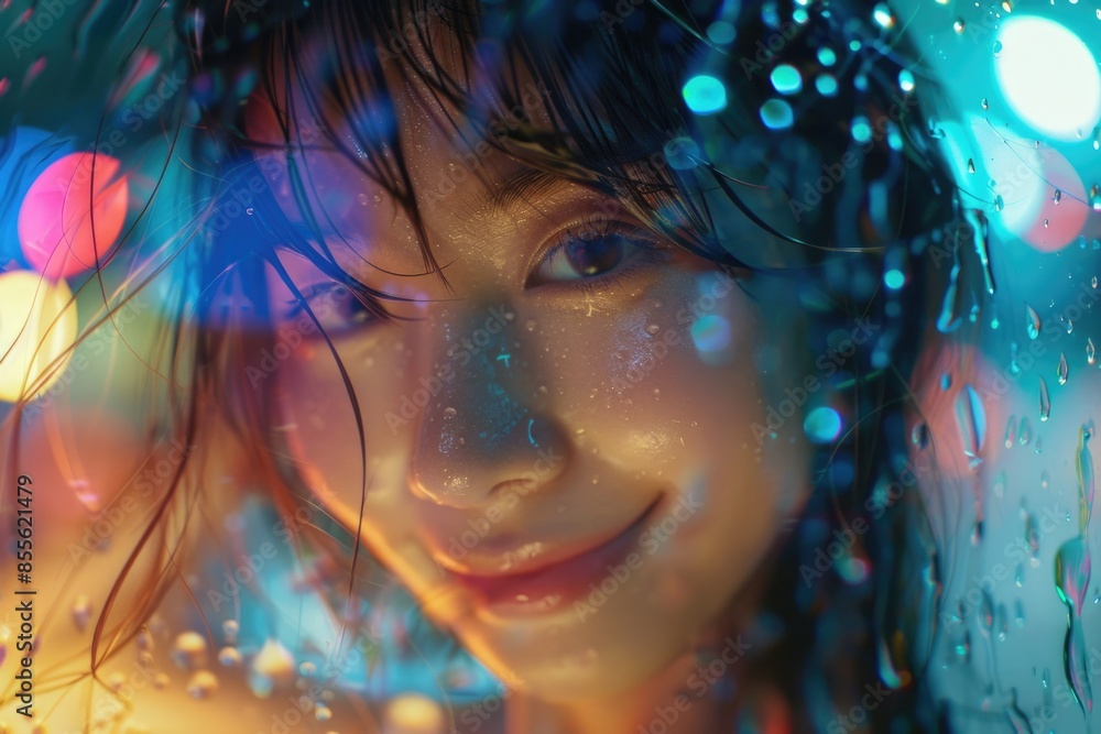 A woman stands under the rain with her wet hair A woman stands under the rain with her wet hair
