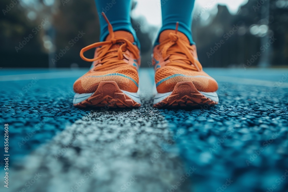 Detailed shot of orange running shoes on a blue track, capturing the essence of athletic preparation and focus. Detailed shot of orange running shoes on a blue track, capturing the essence of athletic preparation and focus.