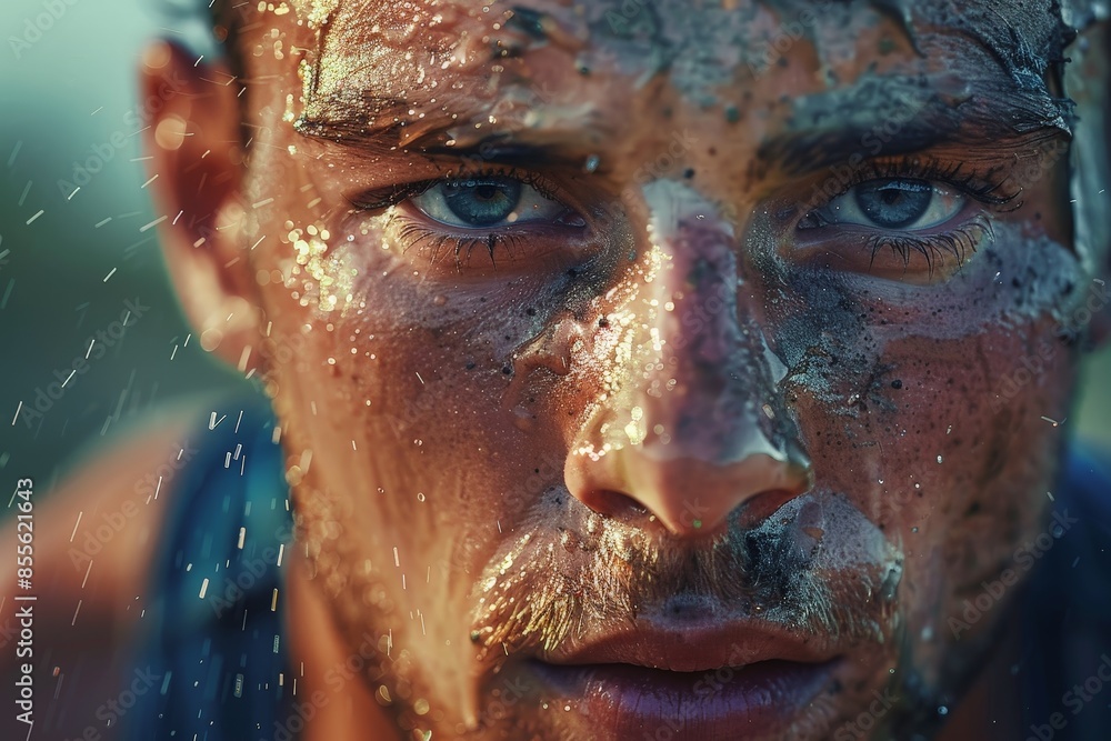 Close-up of a mud-covered athlete with a determined expression, water droplets on face, showcasing strength and perseverance. Close-up of a mud-covered athlete with a determined expression, water droplets on face, showcasing strength and perseverance.