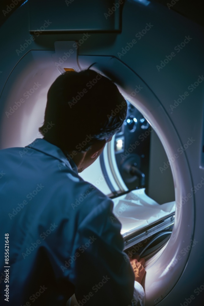 A person undergoing an MRI scan, looking into the machine A person undergoing an MRI scan, looking into the machine