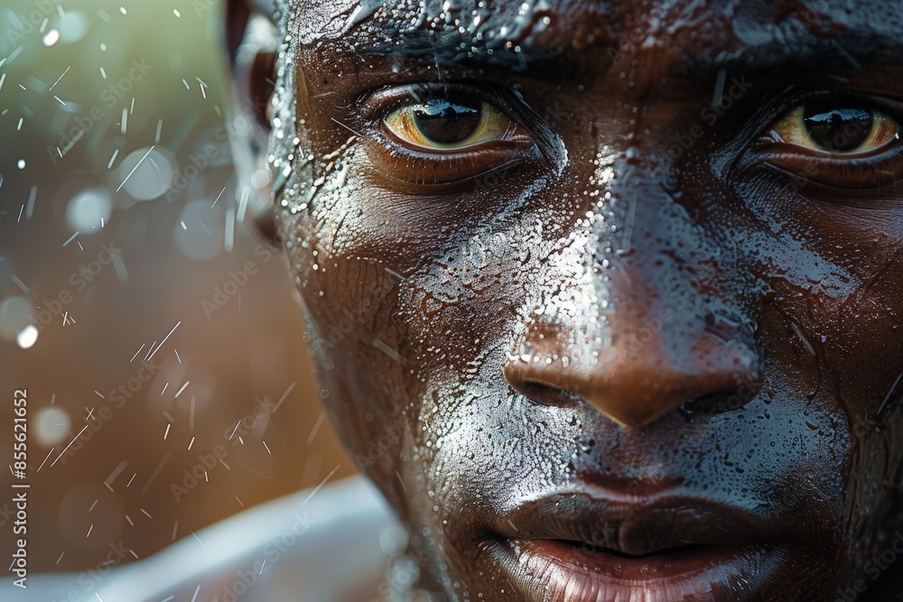 Intense close-up portrait of a man with water droplets on his face, highlighting emotion and detail. Intense close-up portrait of a man with water droplets on his face, highlighting emotion and detail.