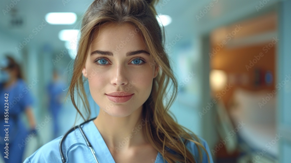 A woman wearing a blue scrubs is smiling at the camera A woman wearing a blue scrubs is smiling at the camera
