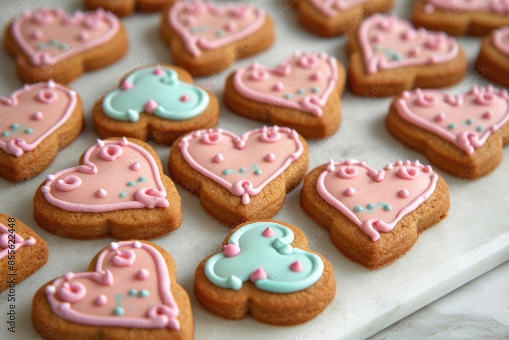 A tray filled with heart shaped cookies in pink and blue icing, perfect for romantic occasions or special treats A tray filled with heart shaped cookies in pink and blue icing, perfect for romantic occasions or special treats
