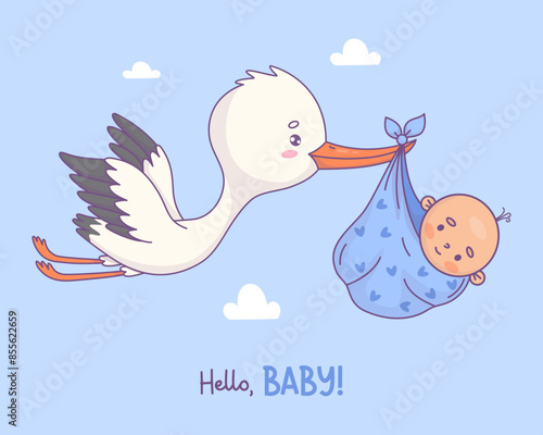 Cute flying cartoon stork with newborn baby boy. Funny bird kawaii character and delivery of infant. Cool childish card male birthday. Vector illustration
