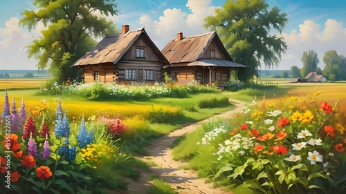 Summer landscape of the Polish countryside, an old wooden house surrounded by fields, meadows and flowers, idyllic view, oil painting.