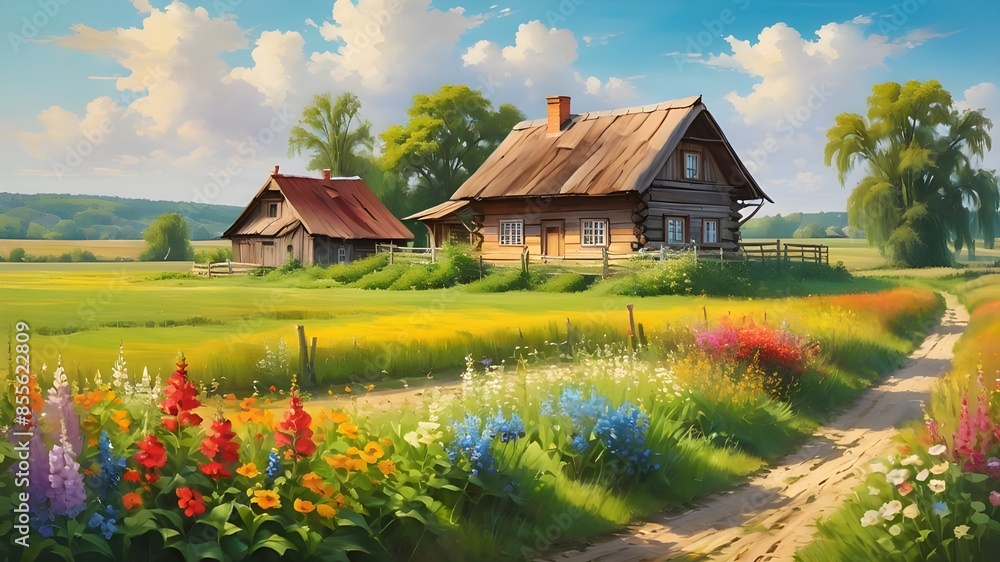 Naklejka premium Summer landscape of the Polish countryside, an old wooden house surrounded by fields, meadows and flowers, idyllic view, oil painting.