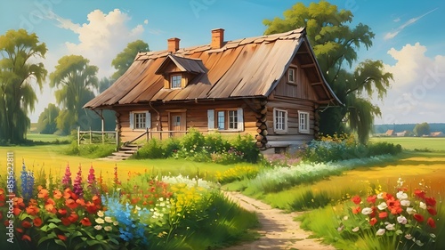 Summer landscape of the Polish countryside, an old wooden house surrounded by fields, meadows and flowers, idyllic view, oil painting.