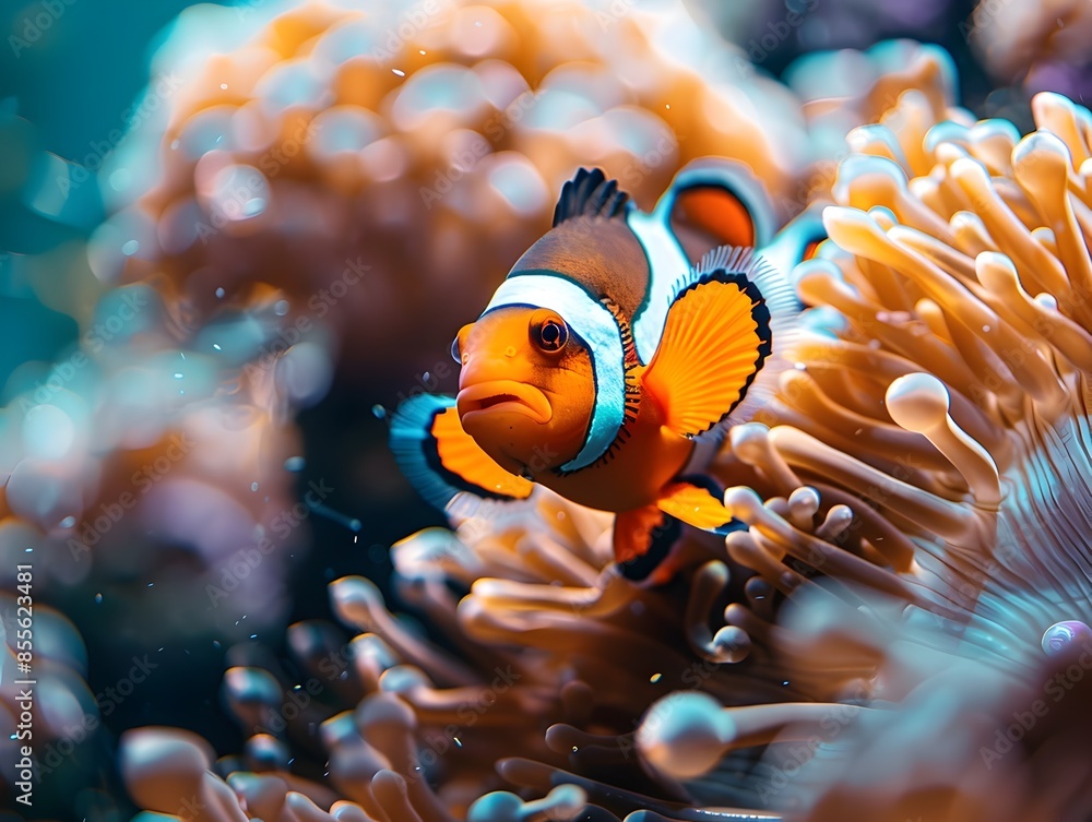 Lively Clownfish and Vibrant Anemone in Clear Tropical Ocean Waters Lively Clownfish and Vibrant Anemone in Clear Tropical Ocean Waters