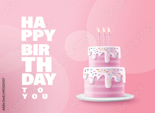 Happy Birthday celebration typography design with 3d birthday cake for greeting card, poster or banner. Vector illustration