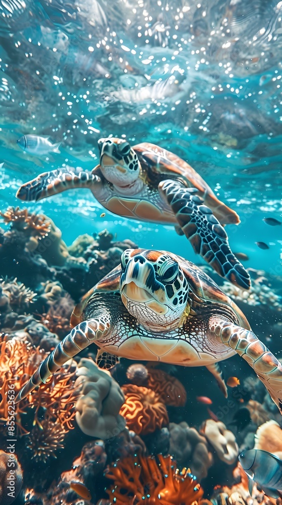 Fototapeta premium Playful Sea Turtles Swimming Through Vibrant Coral Reef in Clear Ocean Water
