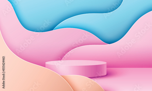 Round podium on abstract pastel color background. Vector realistic illustration of pink cylinder shape platform against blue and beige wave background, beauty product presentation studio design