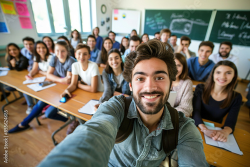 Teacher holds camera for selfie everyone is smiling, positive and inclusive learning environment. Diverse multiracial high school erasmus students posing with teacher in classroom.  photo