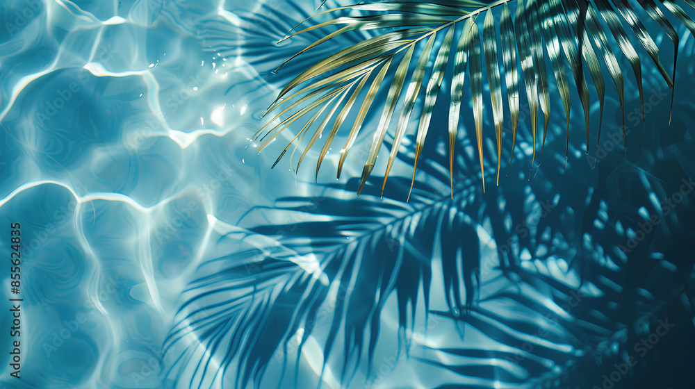 Tropical leaf shadow on water surface. Shadow of palm leaves on white sand beach. Beautiful abstract background concept banner for summer vacation at the beach Tropical leaf shadow on water surface. Shadow of palm leaves on white sand beach. Beautiful abstract background concept banner for summer vacation at the beach