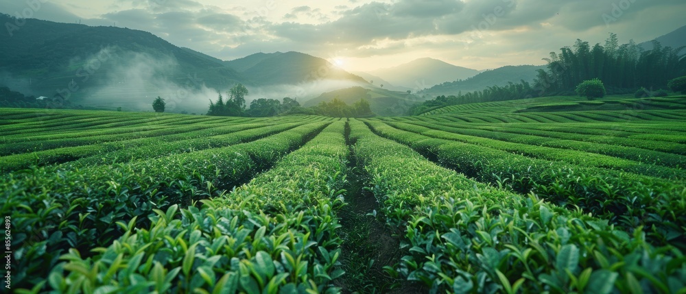 Neat rows of tea bushes in a serene field, framed by misty mountains and the soft light of dusk Neat rows of tea bushes in a serene field, framed by misty mountains and the soft light of dusk