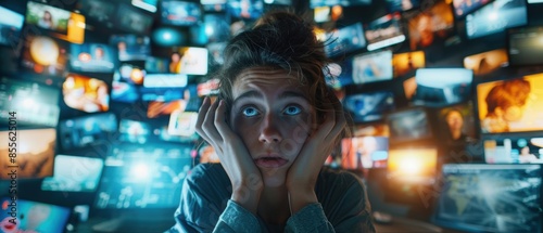 Individual overwhelmed by multiple digital screens displaying social media, news, and messages, representing the concept of information overload