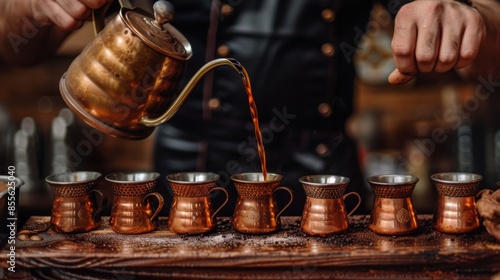 A barista preparing a traditional Turkish coffee in a copper cezve, pouring it into small cups photo
