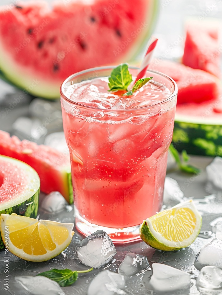 Refreshing homemade watermelon lemonade in a glass on a plain surface. Refreshing homemade watermelon lemonade in a glass on a plain surface.