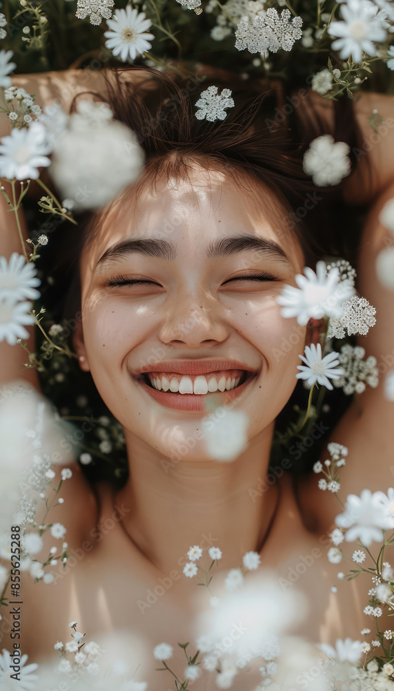 Blissful Smiling Woman Relaxing Among White Daisies in a Spring Meadow Pure Happiness, Joy and Inner Peace Captured in Nature's Beauty Bright Natural Light and Blooming Flowers Surround Blissful Smiling Woman Relaxing Among White Daisies in a Spring Meadow Pure Happiness, Joy and Inner Peace Captured in Nature's Beauty Bright Natural Light and Blooming Flowers Surround