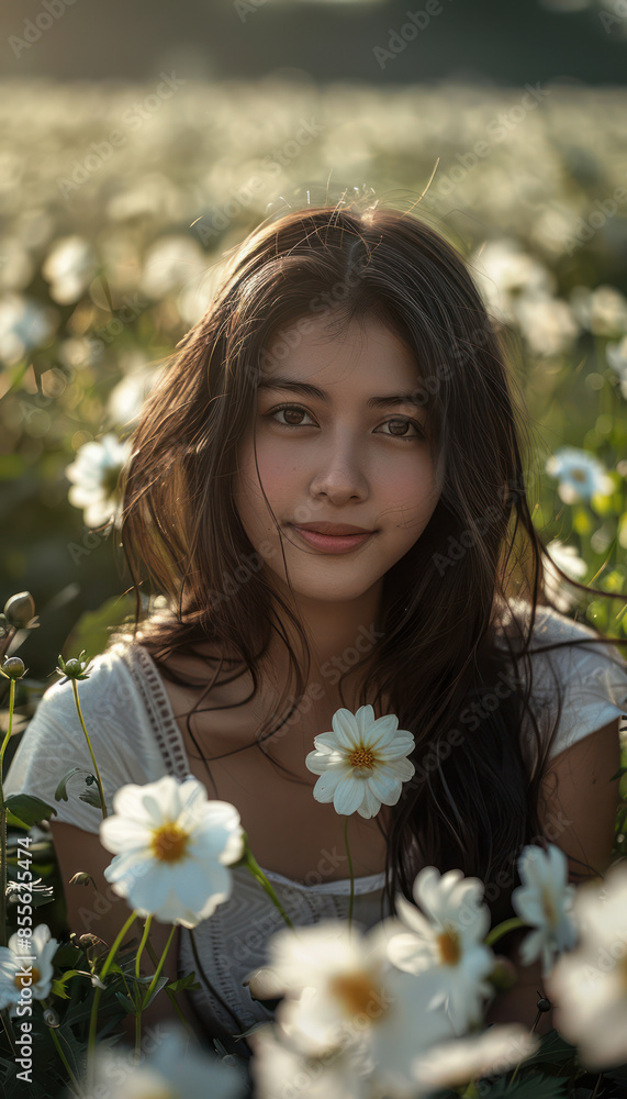 Captivating Portrait of a Young Woman Sitting in a Field of White Flowers with a Serene and Peaceful Expression, Surrounded by Natural Beauty and Soft Sunlight in a Tranquil Setting Captivating Portrait of a Young Woman Sitting in a Field of White Flowers with a Serene and Peaceful Expression, Surrounded by Natural Beauty and Soft Sunlight in a Tranquil Setting