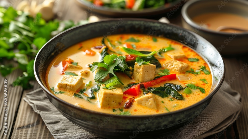 A bowl of creamy coconut curry soup with tofu, vegetables, and fragrant Thai spices A bowl of creamy coconut curry soup with tofu, vegetables, and fragrant Thai spices