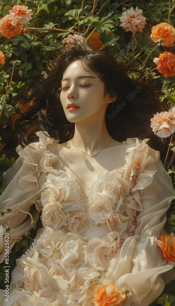Dreamy Portrait of a Woman Lying in a Field of Flowers in a Light Floral Dress, Surrounded by Blooming Orange Roses Against Greenery Background Serene and Ethereal Photography Dreamy Portrait of a Woman Lying in a Field of Flowers in a Light Floral Dress, Surrounded by Blooming Orange Roses Against Greenery Background Serene and Ethereal Photography