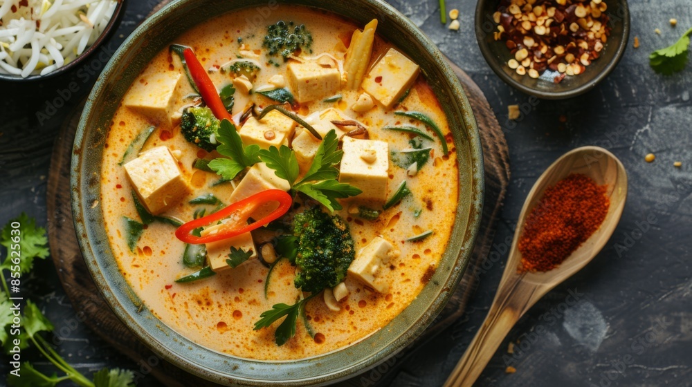 A bowl of creamy coconut curry soup with tofu, vegetables, and fragrant Thai spices A bowl of creamy coconut curry soup with tofu, vegetables, and fragrant Thai spices