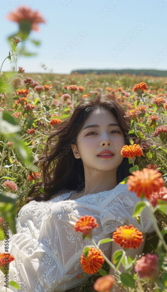 Dreamy Summer Day in Flower Field Serene Woman Enjoying Nature s Beauty Amidst Blooming Flowers in Sunlit Meadow Peaceful Outdoor Escape in Vibrant Floral Landscape Dreamy Summer Day in Flower Field Serene Woman Enjoying Nature s Beauty Amidst Blooming Flowers in Sunlit Meadow Peaceful Outdoor Escape in Vibrant Floral Landscape