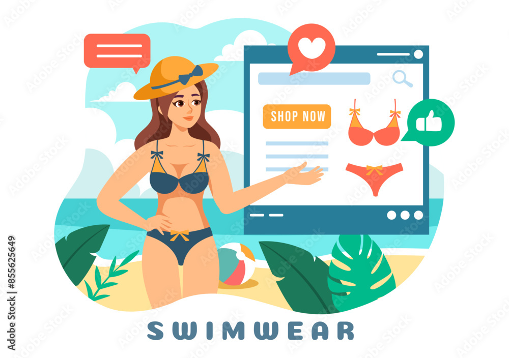 Swimwear Vector Illustration featuring a Variety of Bikini and Swimsuit Designs for Both Women and Men at the Summer Beach in a Flat Style Background Swimwear Vector Illustration featuring a Variety of Bikini and Swimsuit Designs for Both Women and Men at the Summer Beach in a Flat Style Background
