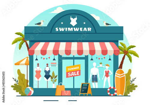 Swimwear Vector Illustration featuring a Variety of Bikini and Swimsuit Designs for Both Women and Men at the Summer Beach in a Flat Style Background