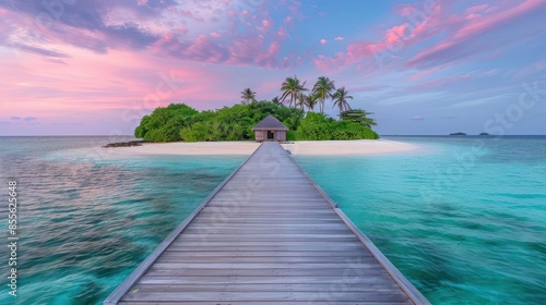 Island podium connects to beach via wooden walkway photo