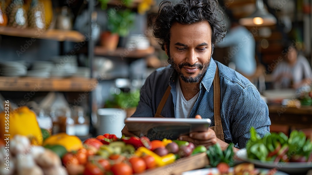 An Indian male multitasking with a tablet during breakfast. An Indian male multitasking with a tablet during breakfast.