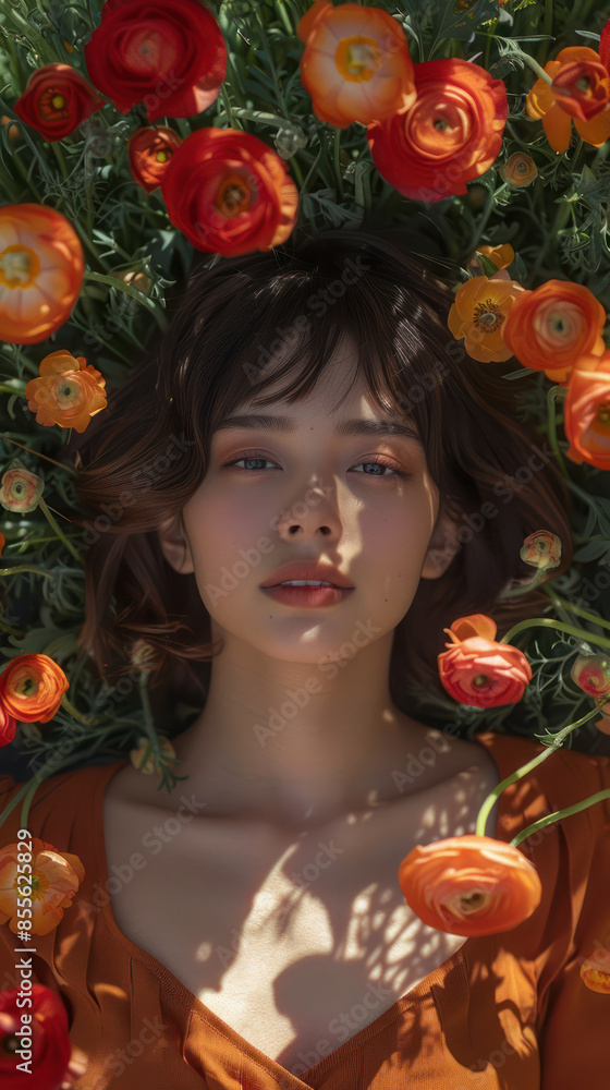 Enchanting Portrait of a Young Woman Amongst Vibrant Orange and Red Flowers Capturing the Beauty of Nature and Human Connection in a Serene, Artistic, and Colorful Composition