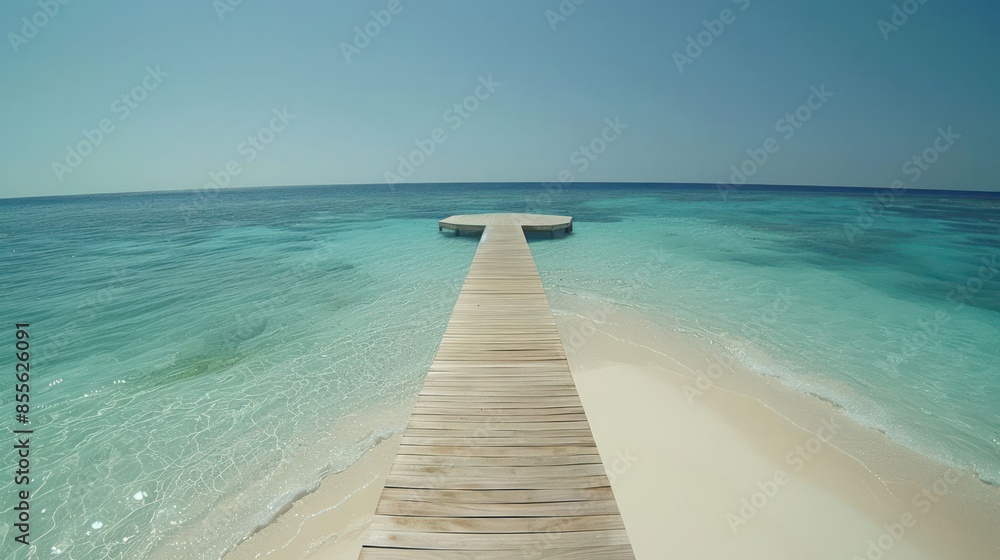 Fototapeta premium Island podium connects to beach via wooden walkway