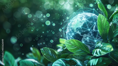 Eco-friendly digital network globe surrounded by vibrant green leaves, illustrating the balance of technology and the environment