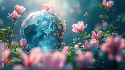 Eco-friendly digital network globe surrounded by vibrant green leaves, illustrating the balance of technology and the environment