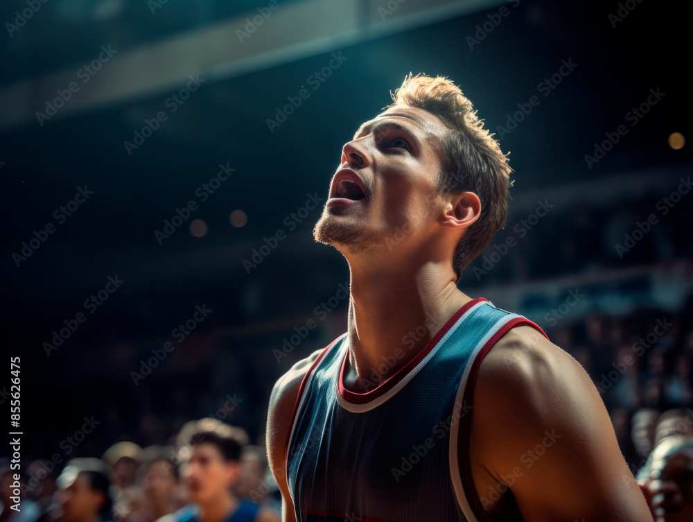 Portrait of professional in the middle of completion at the curt basketball at shooting a free throw in a crowded stadium Portrait of professional in the middle of completion at the curt basketball at shooting a free throw in a crowded stadium