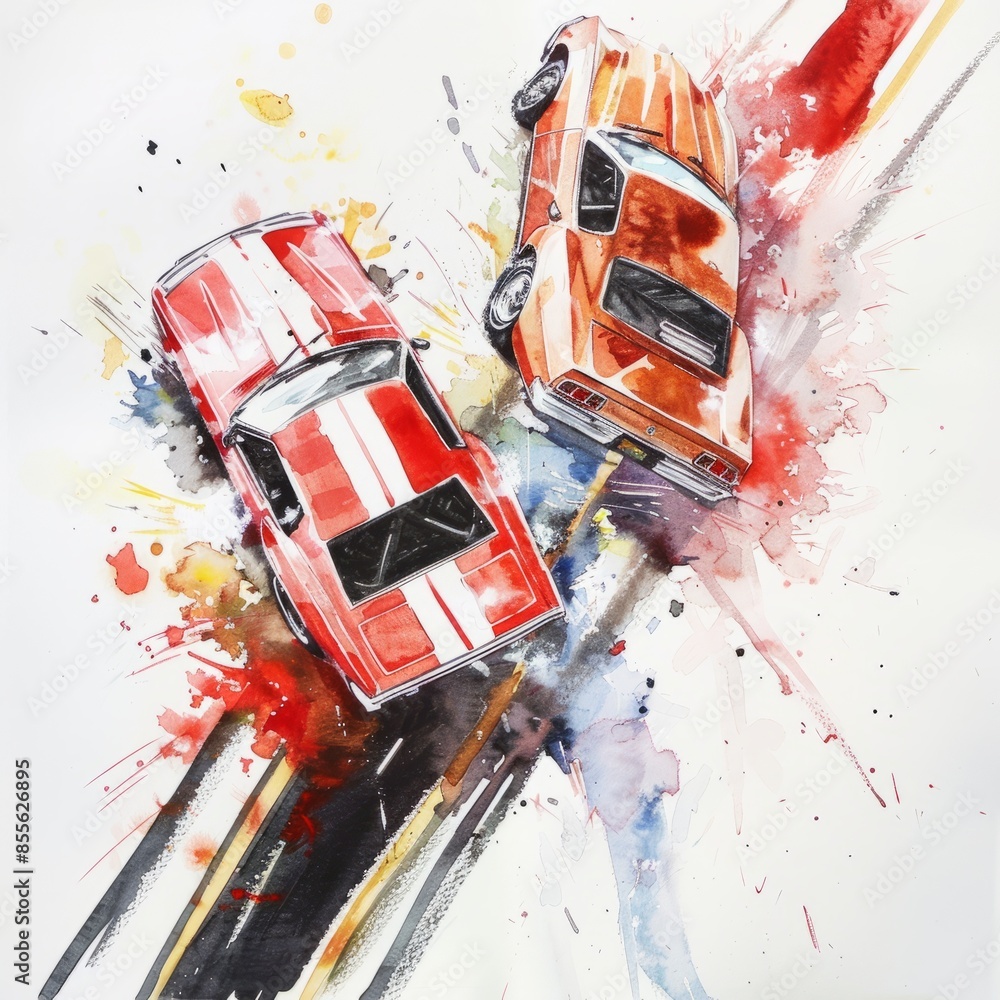 Watercolor painting of two fierce rivals colliding in a high-stakes ...