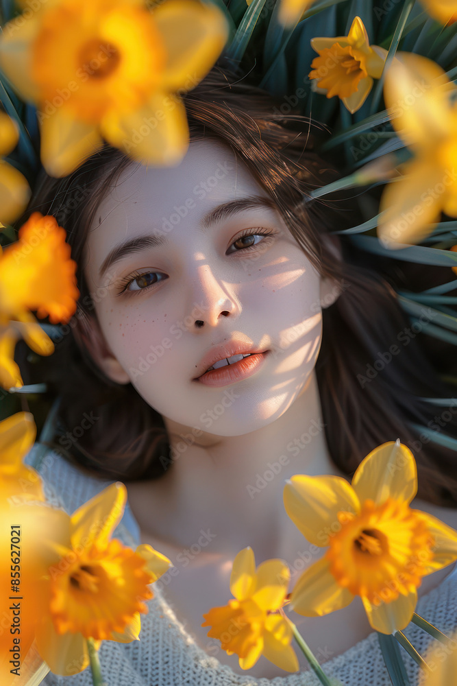 Serene portrait of a young woman surrounded by vibrant golden daffodils on a sunny day, showcasing the beauty of nature and the peaceful essence of human connection with flowers in bloom Serene portrait of a young woman surrounded by vibrant golden daffodils on a sunny day, showcasing the beauty of nature and the peaceful essence of human connection with flowers in bloom