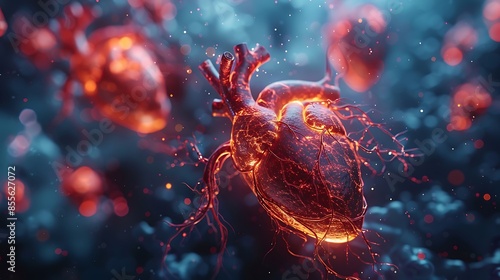 A detailed image of animated hearts beating in rhythm on a health-themed background. The vibrant hearts pulse rhythmically against a backdrop of medical icons and soothing, cool tones.